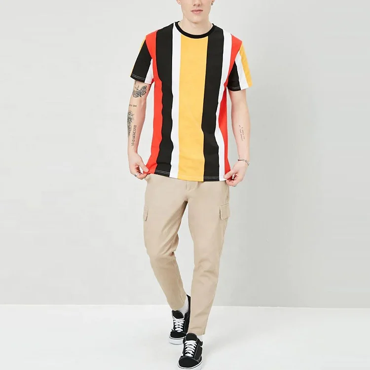 t shirt men crew neck short sleeves color block t shirts in bulk with multicolor stripes