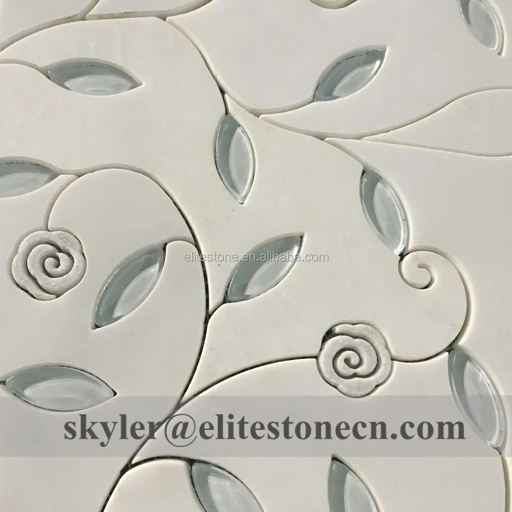glass mixed marble flower leaves pattern waterjet tile mosaic
