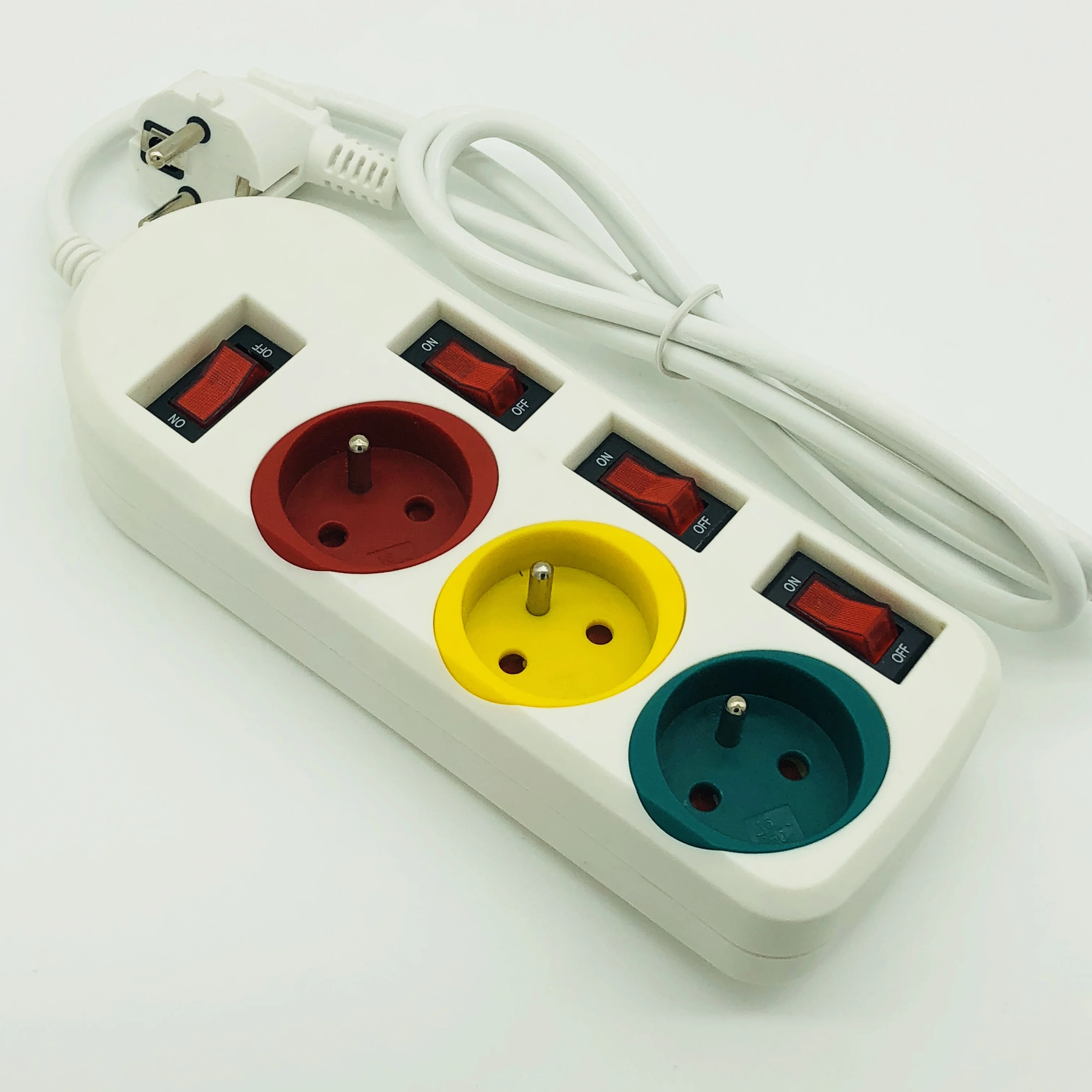 French Type 3 Outlets  Pop Colorful Power Strip  Extension Plug Socket with Individual Switches with CE