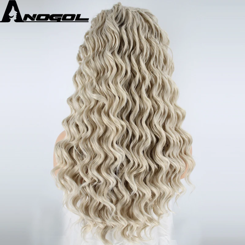 Anogol High Temperature Fiber Ash Blonde Free Part Natural Long Kinky Curly Synthetic Lace Front Wig For Women