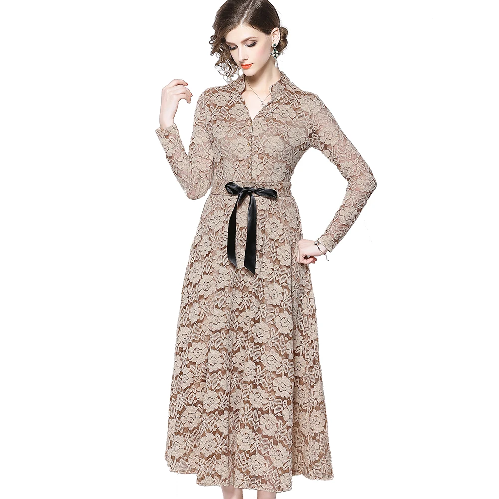 
Wholesale V Neck Stand Collar Button Front Bow Knot Patchwork Long Sleeve Long Lace Dress A Line Two color M to XXXL 