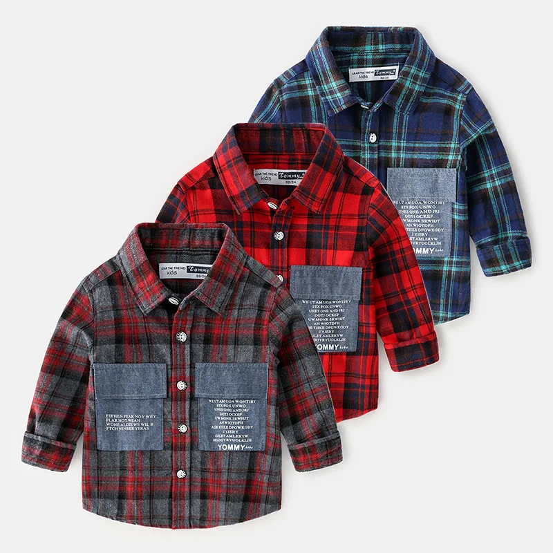 Детская рубашка в клетку с длинными рукавами и надписью на мальчика, Новинка осени 2019, детская одежда, Детская Хлопковая одежда с лацканами
