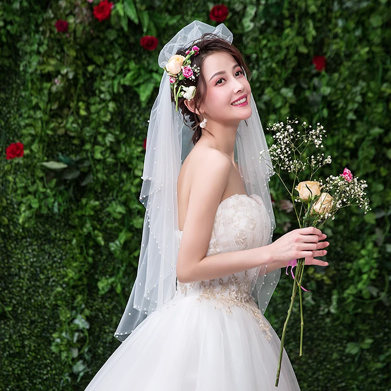 
Wholesale Hot Sale In Stock Beige Veils Bead Edge Tulle One-Layer Wedding Veil High Quality Soft Bridal Illusion veils 