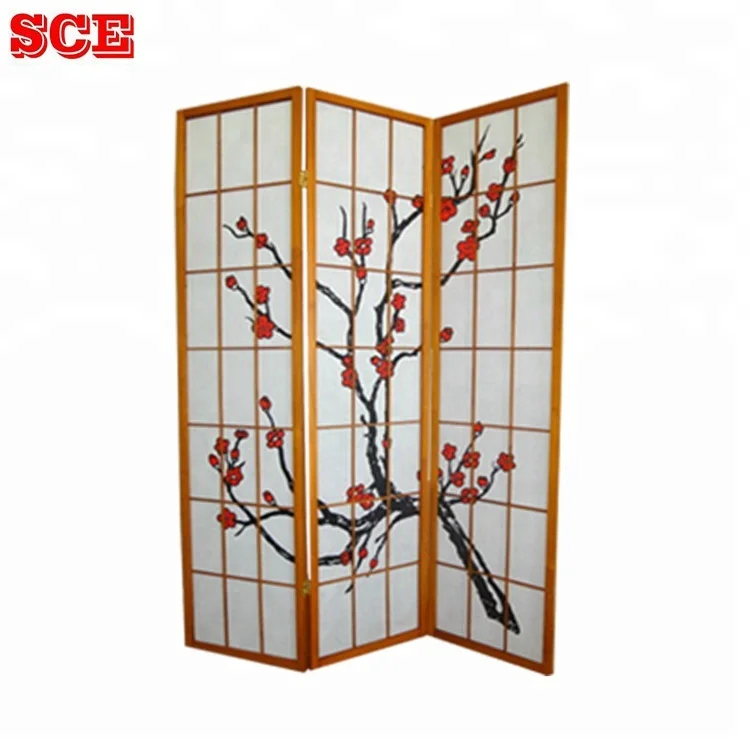 Japanese 3-Panel Wooden folding screen room divider