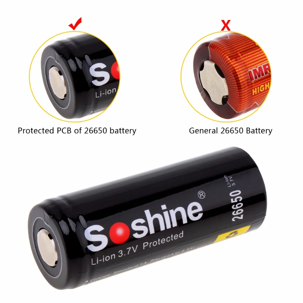 2 Pcs / Lot Soshine 26650 Battery 5500mAh 3.7V 26650 Protected Rechargeable Li-ion Batteries Cell PCB 26650 Battery