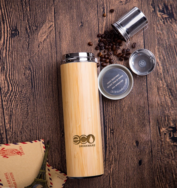 500ml Double Wall bamboo Stainless Steel Vacuum thermos flask with mesh infuser