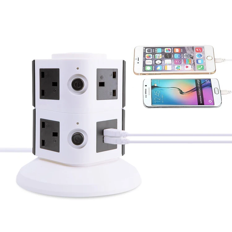 UK Type Multi Plug Tower Socket 5 Outlet 2 USB Port Power Strip Surge Protector With 13 Amp Overload Protector Individual Switch