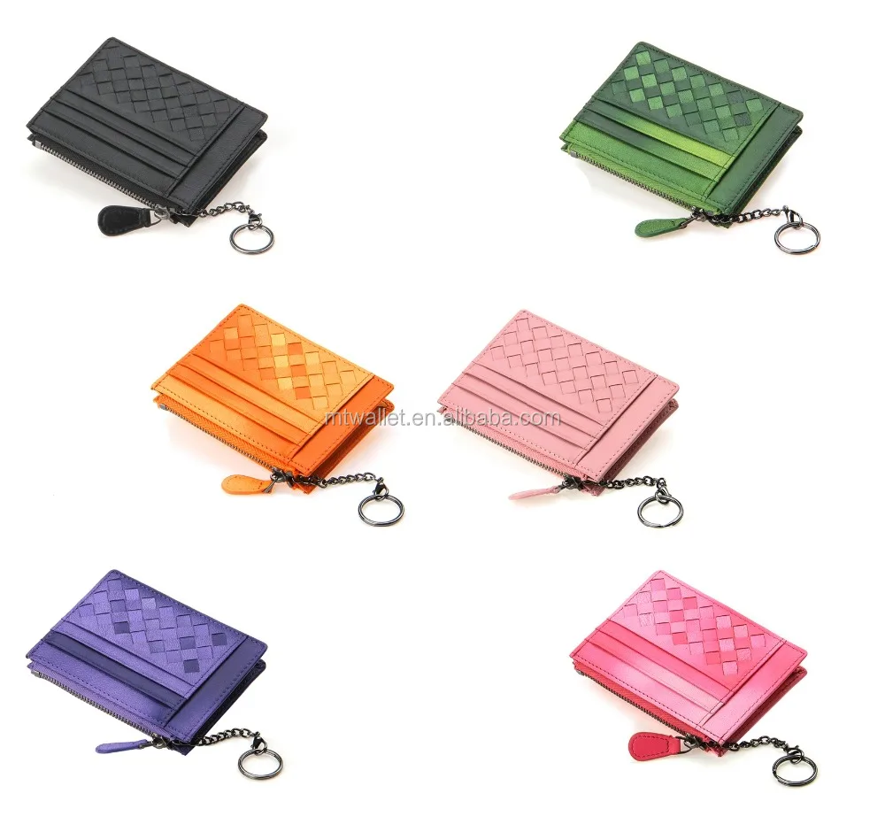 Colorful woven leather keychain credit card holder key card holder, key ring credit card holder with zipped coin pocket