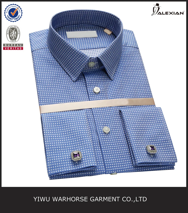 Рубашки OEM/ODM для мужчин, синие рубашки в клетку, рубашки с французскими манжетами и длинными рукавами для мужчин