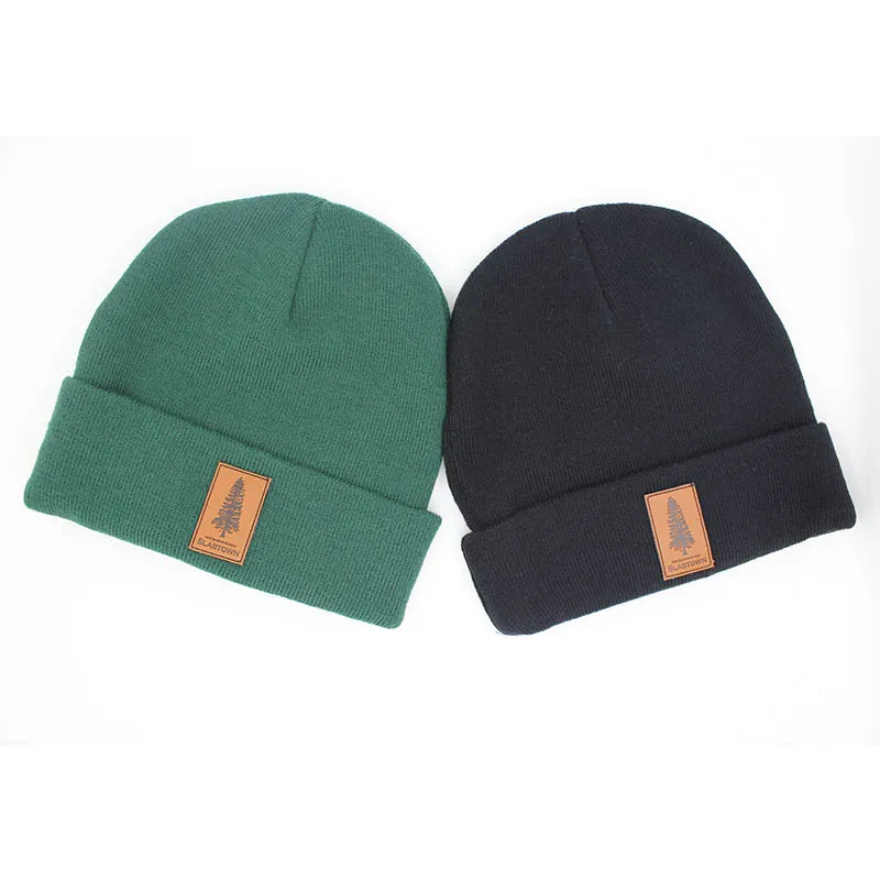 custom wholesale leather patch beanies, mens knitting winter hat