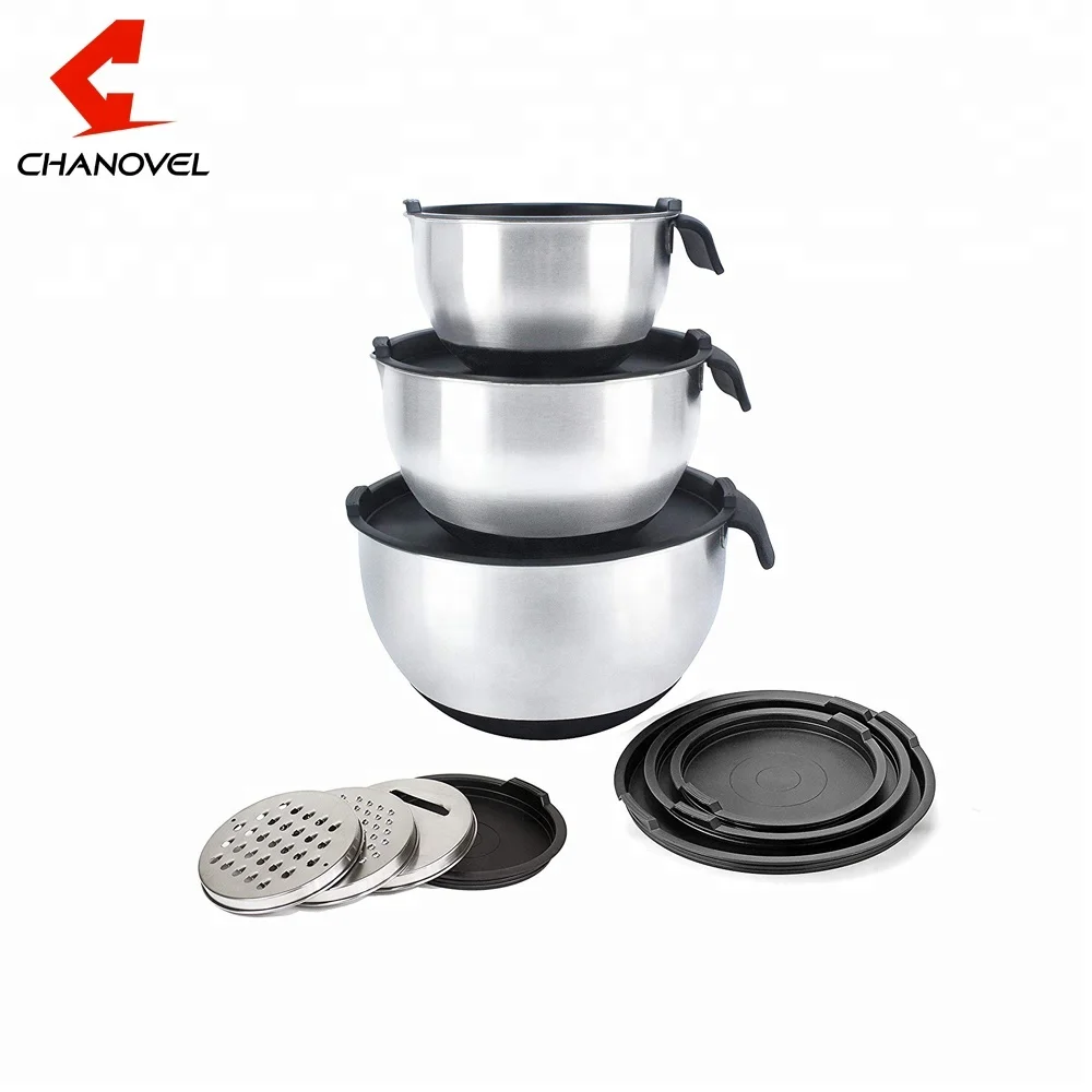 Multifunctional round flour mixing bowls stainless steel salad mixing bowl set with lid and grater for kitchenware