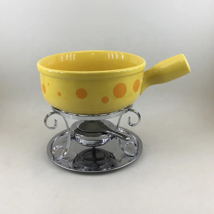 French style heat resistant western hotel ceramic sterno white fondue pot with stand