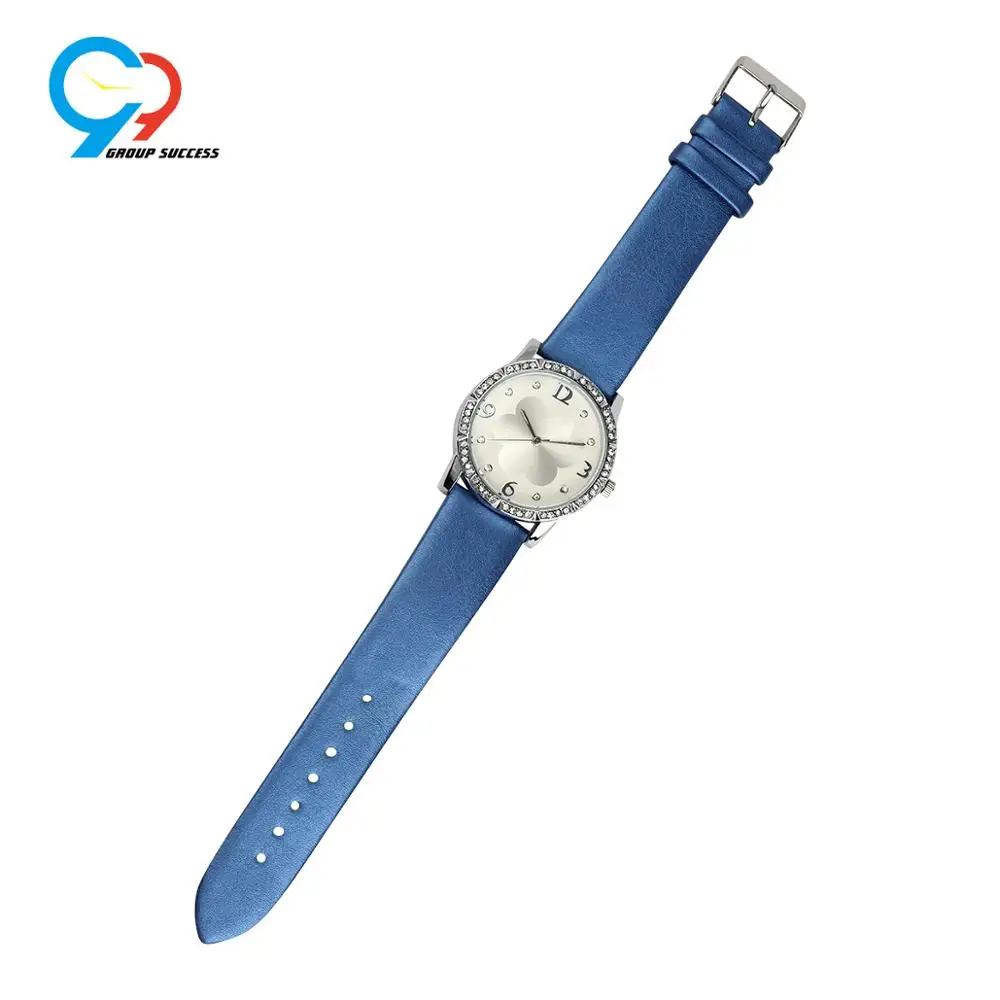 Bottom price flower case and dial smooth leather strap lady watch