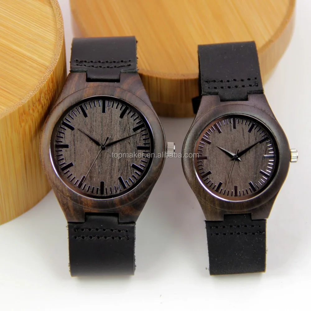 Mens Womens Wood Watches Black Sandalwood Watch with Genuine Leather Strap