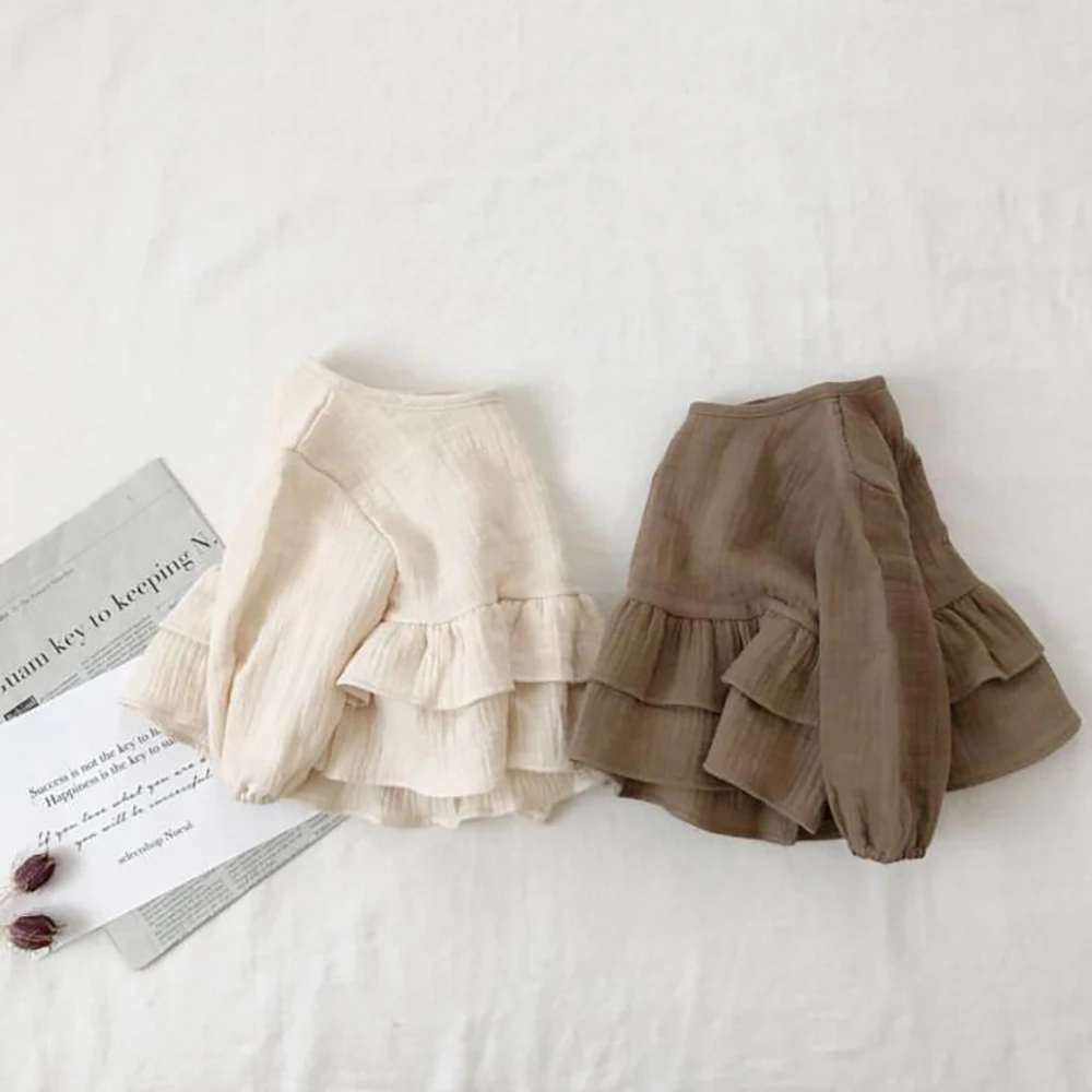 
New arrival khaki frock design clothing long sleeve spring top double ruffle 100% linen fabric girls top 