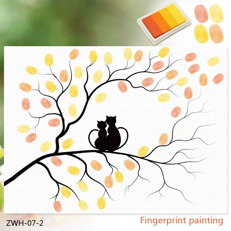 Canvas print painting DIY two cats in tree branches wall decor fingerprint painting