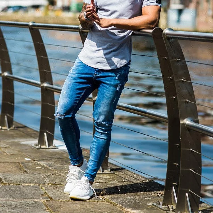 Royal wolf denim garment factory blue vintage acid wash destroyed hole slim jeans for men