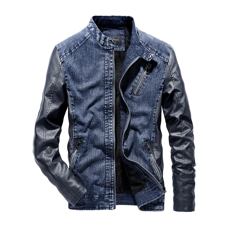 
Wholesale Blue Jean Leather Sleeve Splicing Jacket Men 