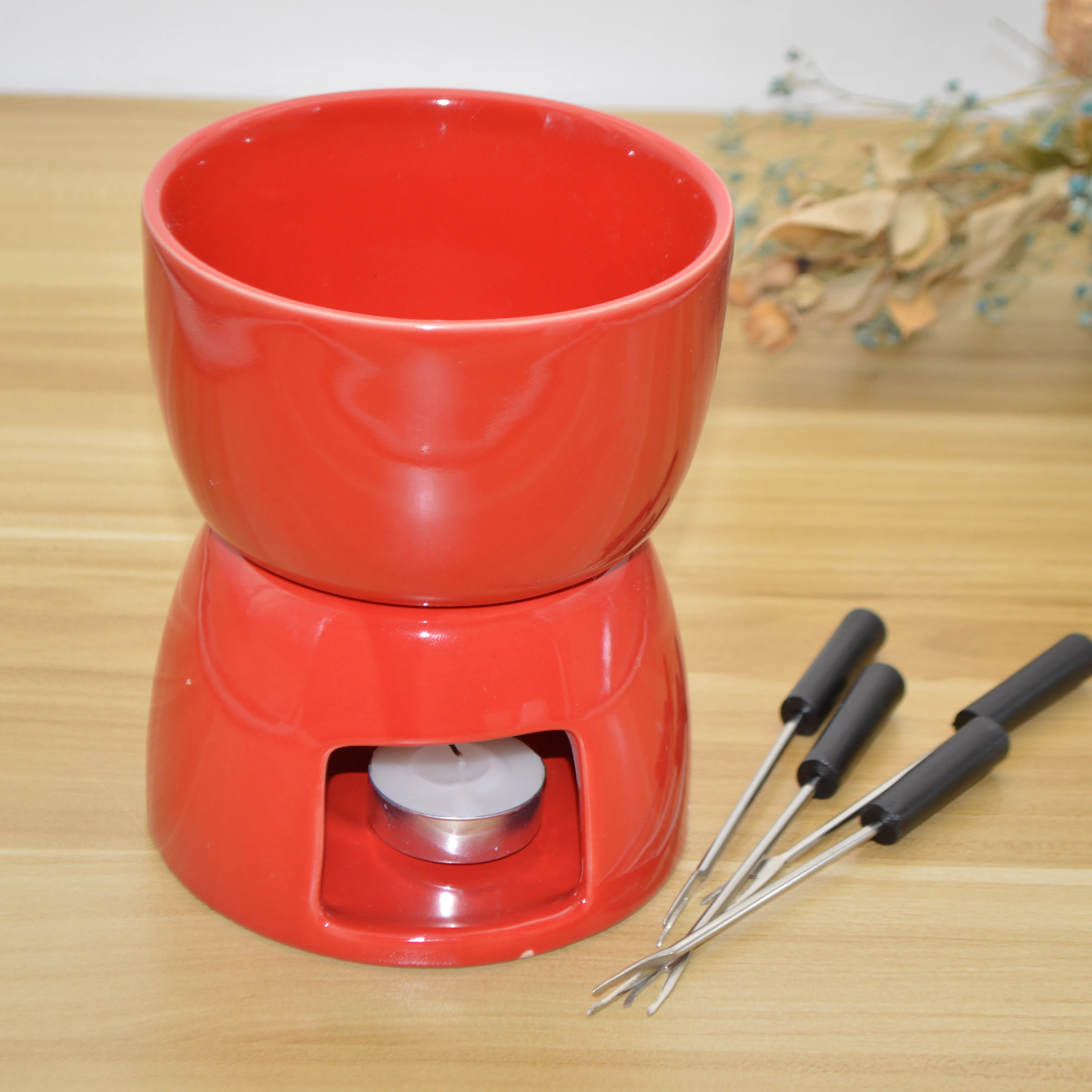 High Quality Red Porcelain Ceramic Fondue Pot Set, ceramic chocolate dipping pot set