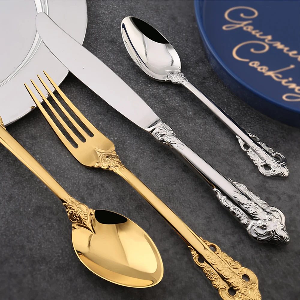 
Dubai Stainless Steel Flatware Knife And Fork Palace Luxury Gold Cutlery Set With Carved Handle 