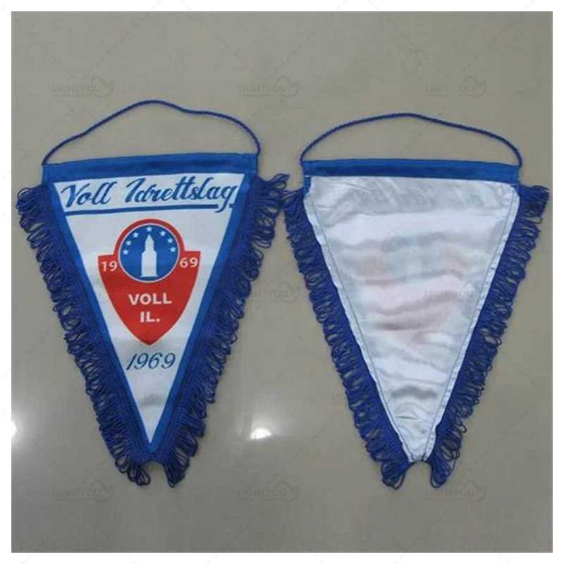 cheap custom sublimation colorful satin mini triangle football team car window pennant hanging flag