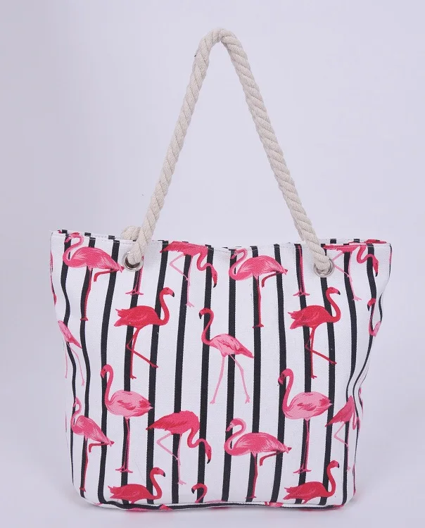 Women Rope Handle Canvas Beach Bag Flamingo