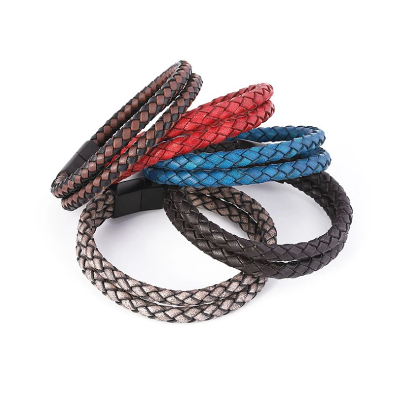 Amazon Hot Selling Unisex Top Grain Braided Leather Colorful Vintage Leather Bracelet From Factory