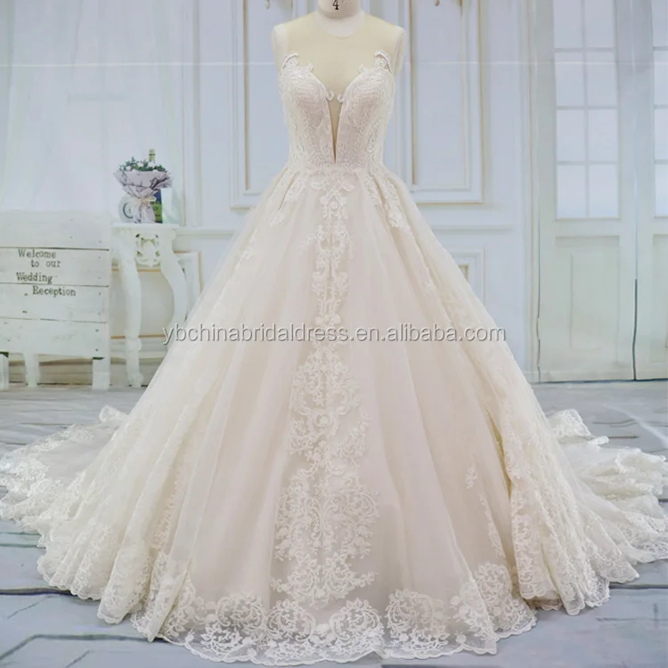 Luxury big skirt with french lace and button zipper back ball gown wedding dress
