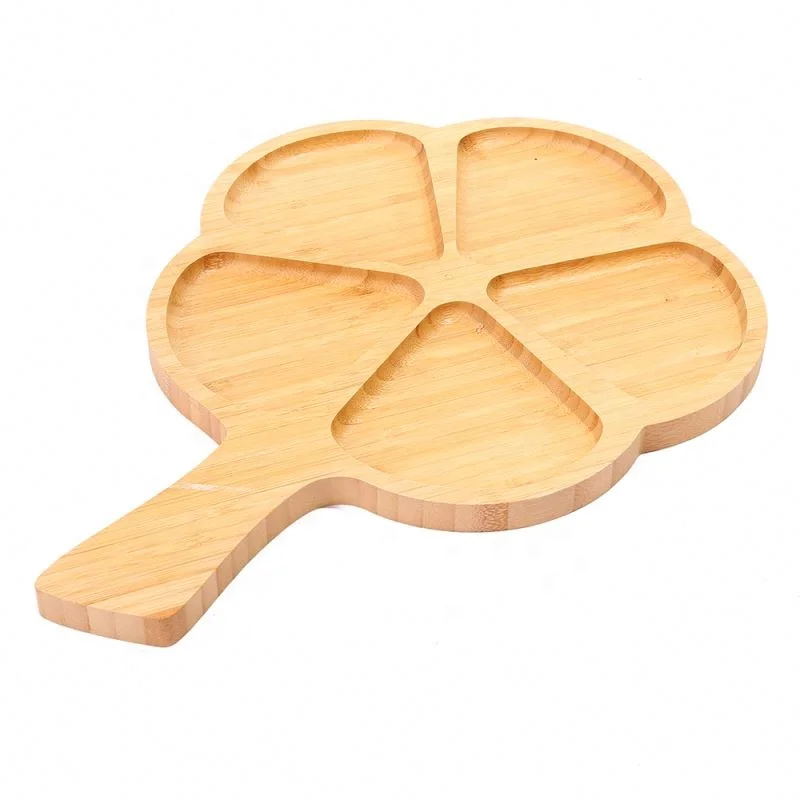 
Eco-Friendly 5 Section Serving Dish Tray Long Handle Bamboo Divided Plate For Snack/Food 
