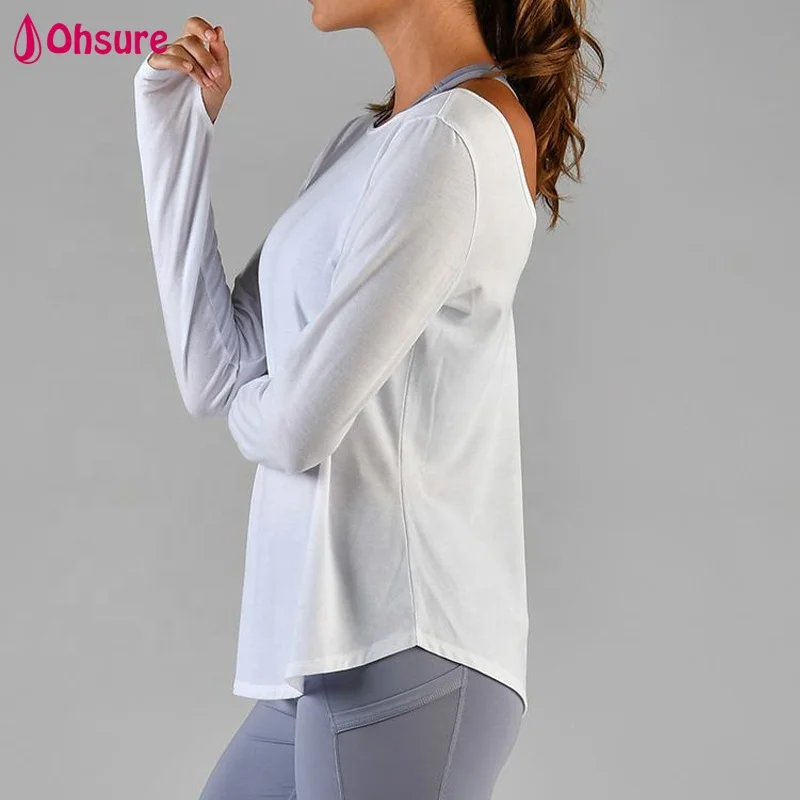 
OEM V-back long sleeve tee open back nude fitness active top womens back tie tshirt yoga dancing T-shirts 