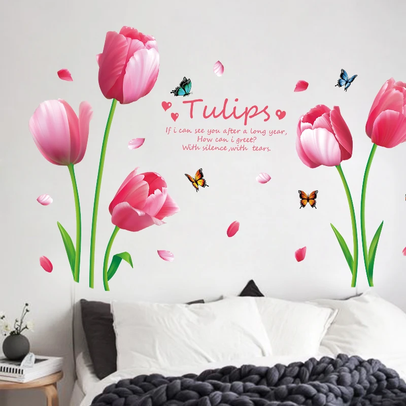 YIYAO Pink Tulips Flowers Paper Home Decal Removable Butterflies Wall sticker