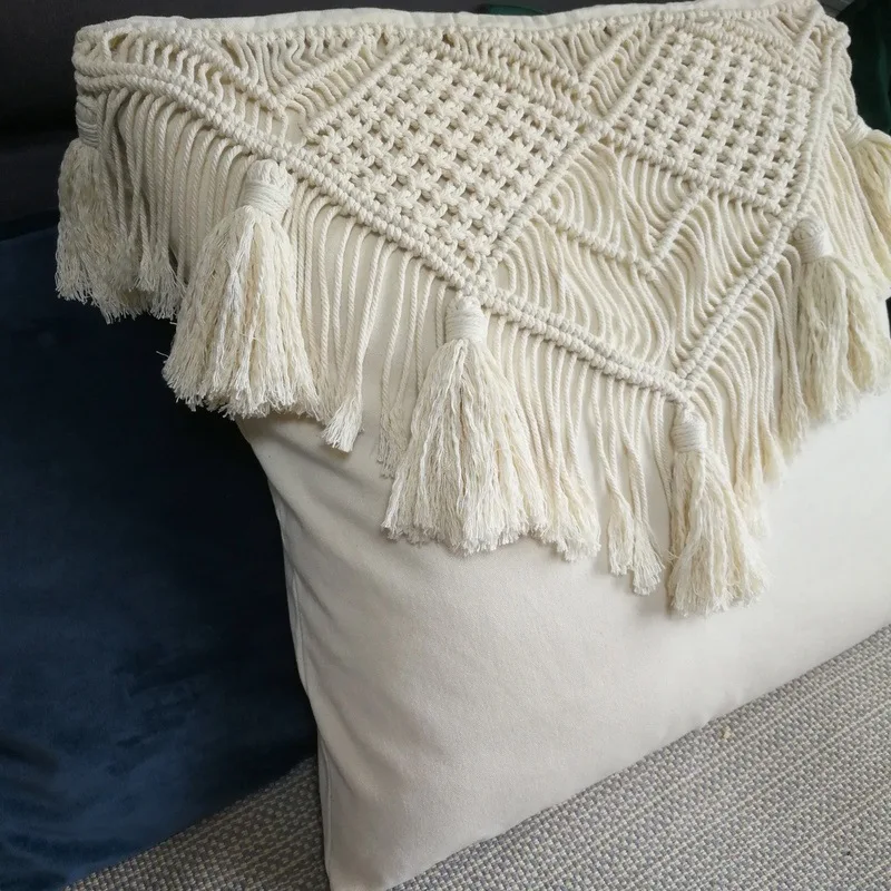 100% Cotton Macrame cushion cover Sabina handmade Macrame Throw Pillow,  Down Feather Pillow, 18 x 18