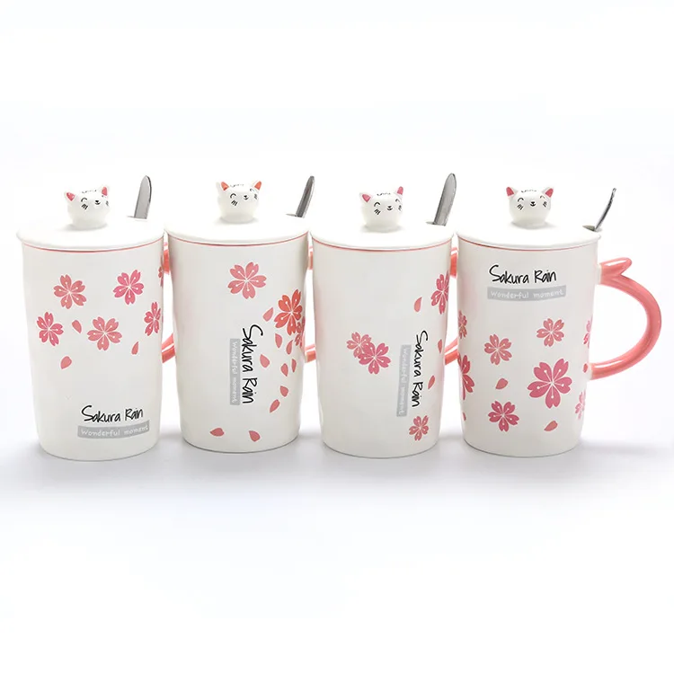 Кофейная кружка с ложкой и 3d-изображением кота из молочной керамики розового цвета сакуры