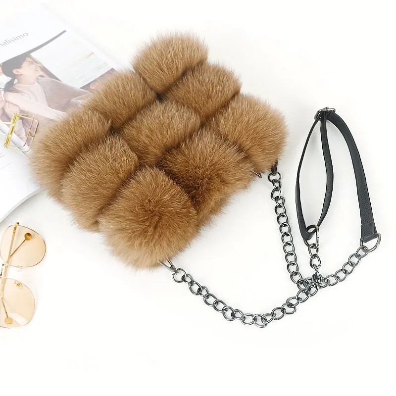 Custom Design Lady Handbag Real Fox Fur Bag Long Metal Chain Shoulder Bag
