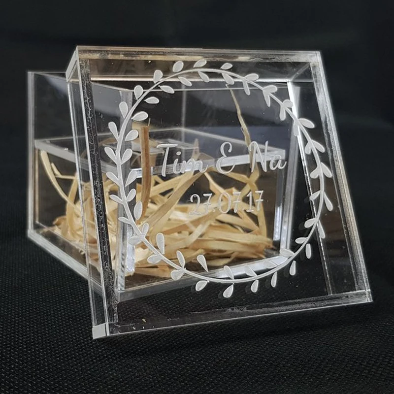 15 Years Factory Custom Rustic Clear Glass Look Acrylic Engagement Ring Bearer Box Holder Wedding Ring Box