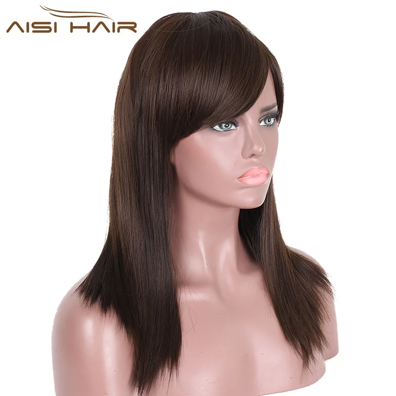 Aisi Hair Long Silky Straight Wigs Synthetic Brown Hair Heat Resistant Fiber Wigs With Bangs For Women Natural Looking