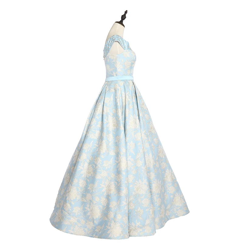 Beautiful cap sleeves long satin party clothes floral printed patterns evening dress