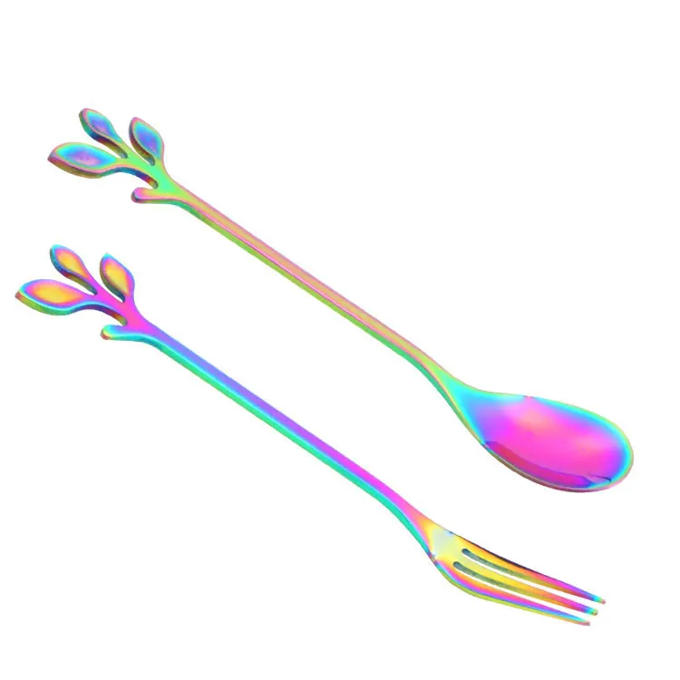 Вилка и ложка для торта с листьями, набор красочных маленьких вилок и ложек для торта из нержавеющей стали