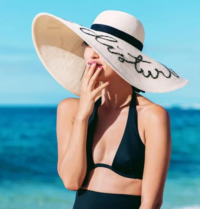 Personalized Logo Brand Natural straw Woven Paper Straw Hats Wide Brim Beach Floppy Straw Hats