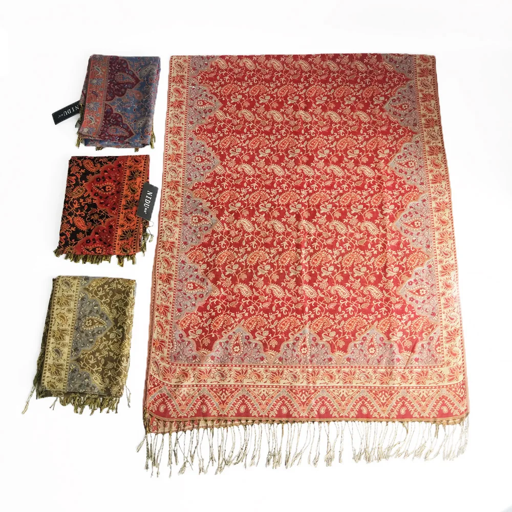 Wholesale pashmina ladies scarf polyester hijab paisley pattern jacquard with tassel