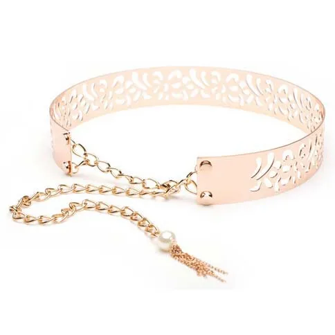 
Ladies fashion metal belt with flower punch-outs and metal chains 