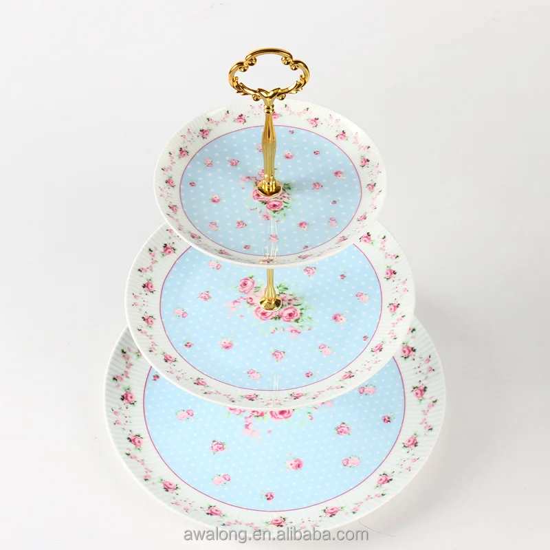 3 layer ceramic fruit & cake plate colored bone china cake stand