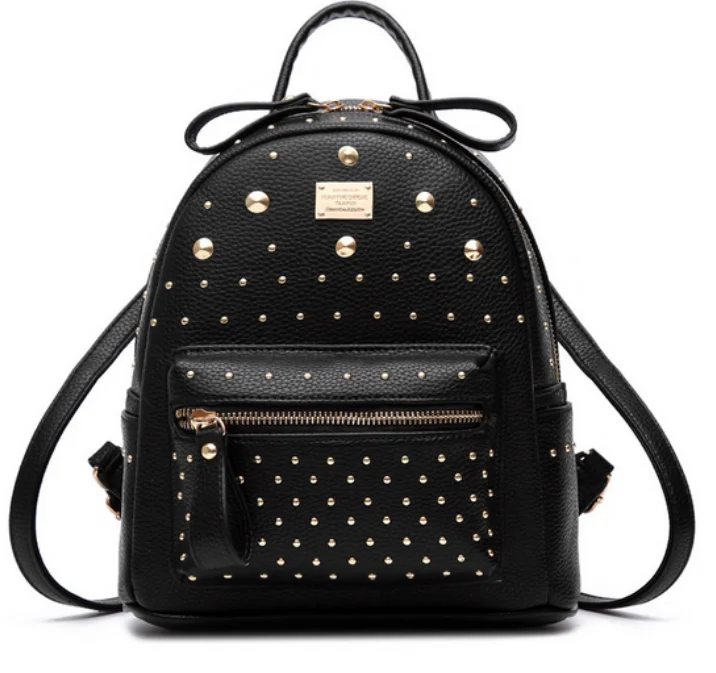 Wobag Leather Bag Korean Style Backpack PU Leather Leisure Rivet Backpack for Girls Black Waterproof Polyester Fashion Zipper