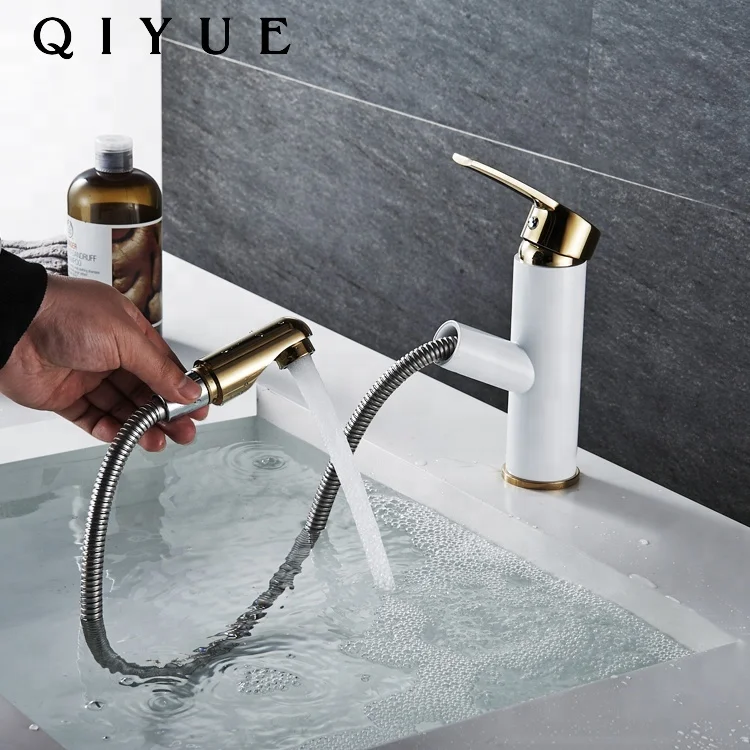 Hot selling single handle hot and cold water white golden pull out bathroom basin faucet mixer tap