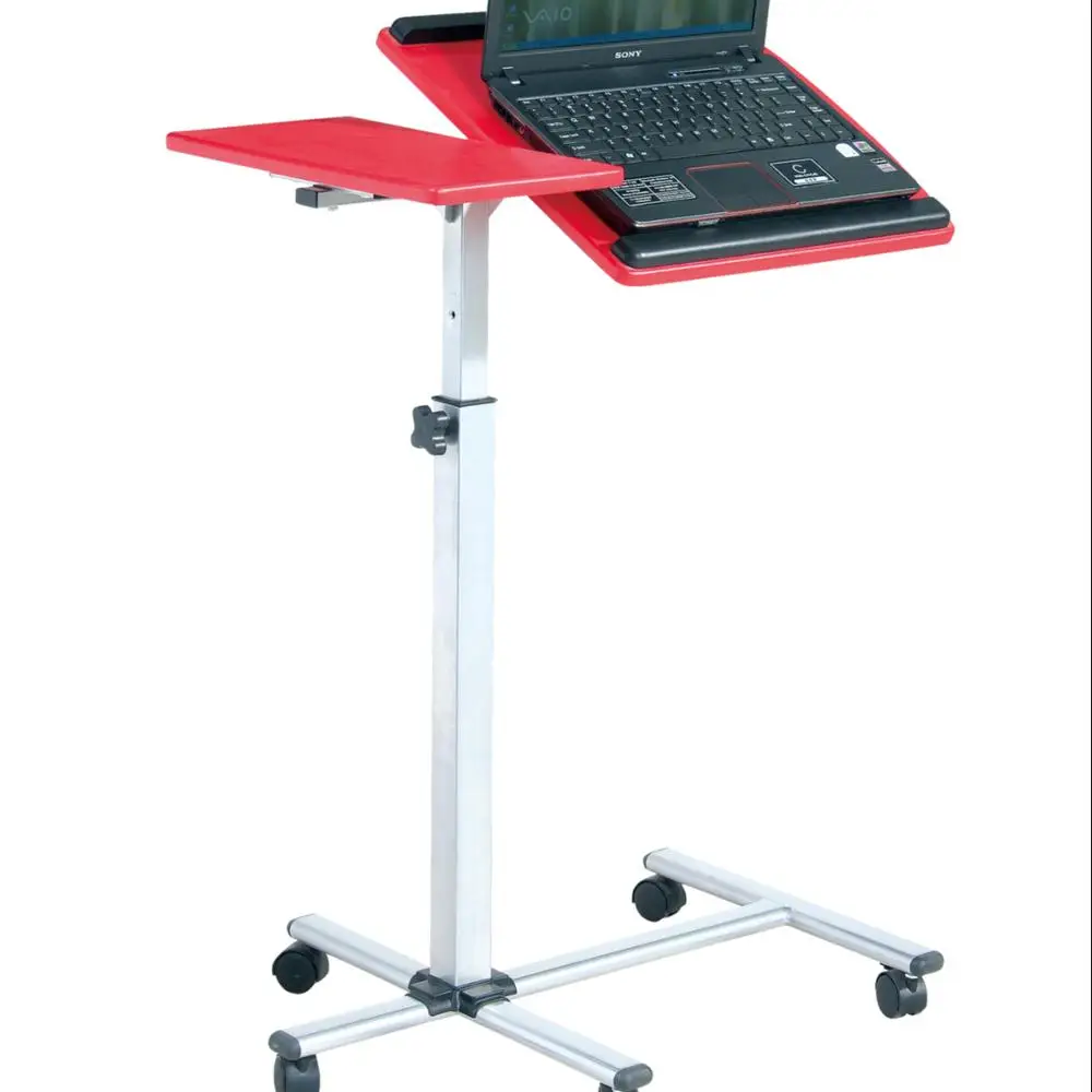 Red MDF top wooden furniture adjustable home bed sofa office sit stand moveable bedside laptop computer table with wheels