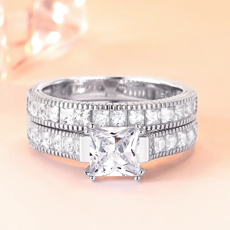 Best Selling S925 Silver Wedding Ring For Women White Zircon Ring Set