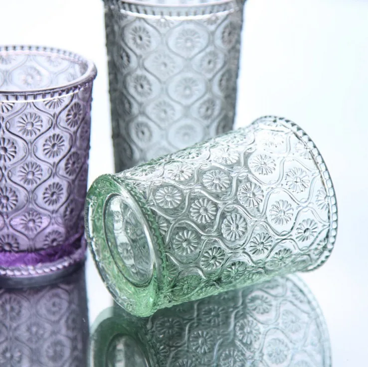 Home decor machine-pressed Green Color embossed Water Glass/Color glass tumbler