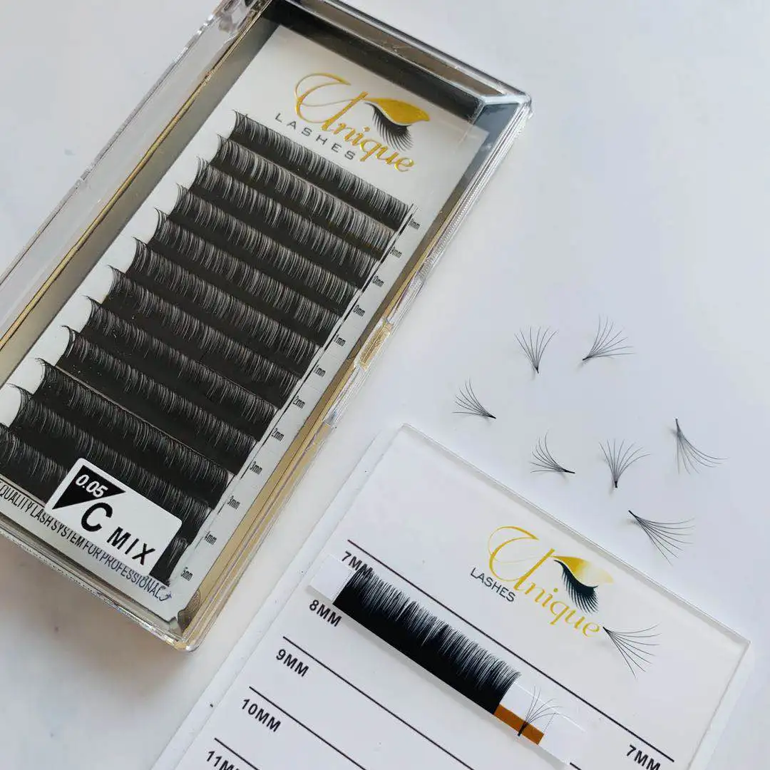 Popular Own brand  easy fanning eyelash private label curl C D  russian volume lashes extensions