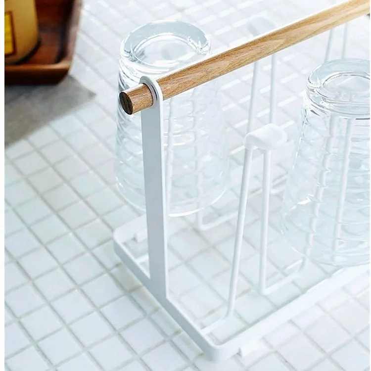 
Cup Drying Rack Stand for Counter Top & Cabinet Metal Mug Water Bottles Wine Glass Drainer Rack Holder with Wood Handle Kitchen 