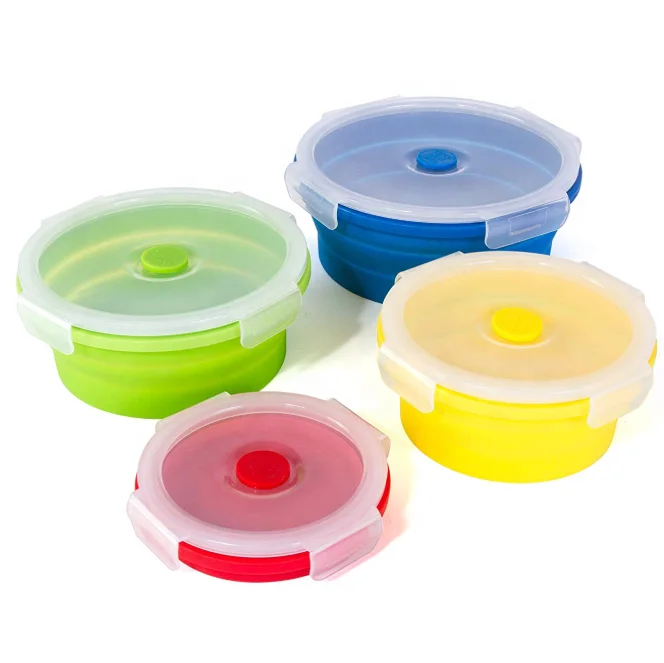 Hot selling BPA Free Microwave Safe  Foldable Round Silicone Food Storage Container, Lunch Box